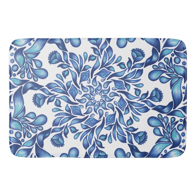 Blume und Blattmandala in der Blues Badematte (Vorderseite)