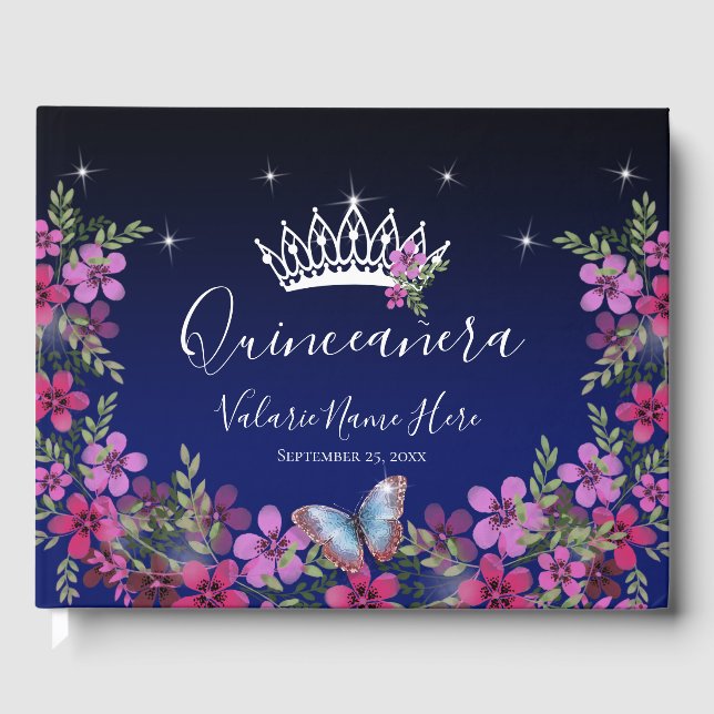 Blume und Butterfly Princess Quinceanera Guest Gästebuch (Vorderseite)
