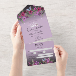 Blume und Butterfly Quinceanera Lila All In One Einladung