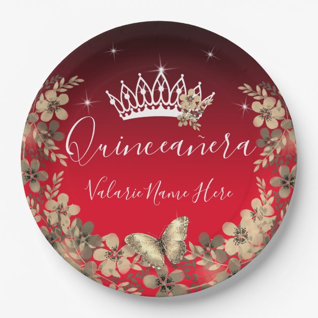 Blume und Butterfly Quinceanera Red Gold Pappteller (Vorderseite)