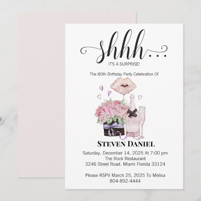 Blume und Champagner zum Geburtstag Einladung (Vorne/Hinten)