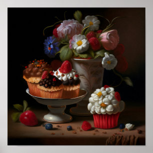 Blume und Cupcakes Stillleben Kunst Poster