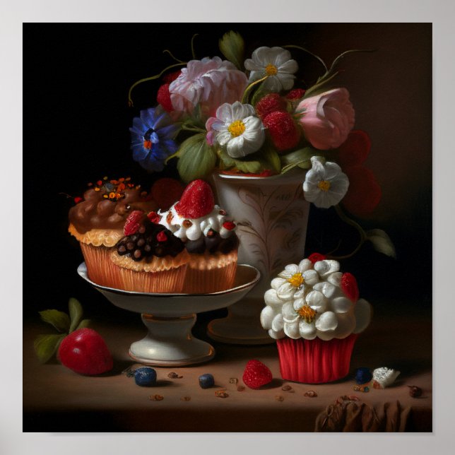 Blume und Cupcakes Stillleben Kunst Poster (Vorne)
