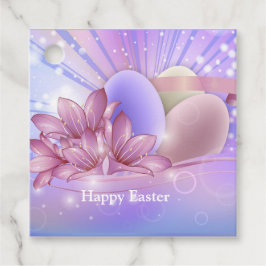 Blume und Eier auf farbenfrohen pastellfarbenen Un Geschenkanhänger