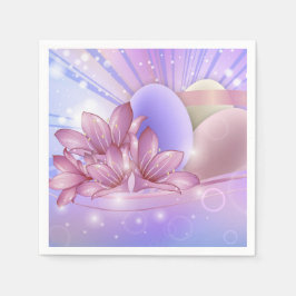 Blume und Eier auf farbenfrohen pastellfarbenen Un Serviette