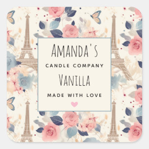 Blume und Eiffelturm Paris Candle Business Quadratischer Aufkleber