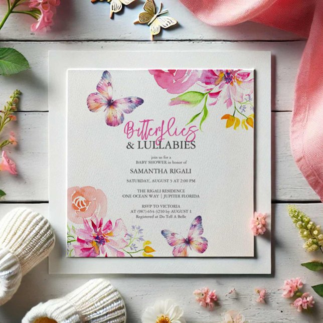 Blume und Einladungen für die Butterfly Baby Dusch (Butterfly baby shower invitations watercolor art by Victoria Grigaliunas Do Tell A Belle)