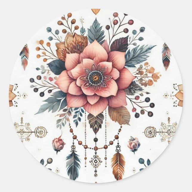 Blume und Federn Runder Aufkleber (Vorderseite)