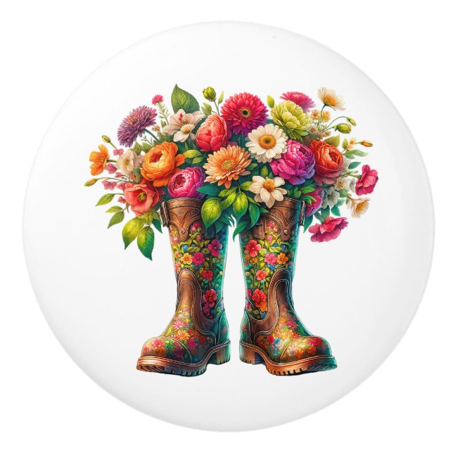 Blume und Gartenstiefel Keramikknauf (Vorderseite)