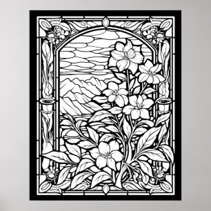 Blume und Gebirge: Glasfenster mit festem Glas Poster