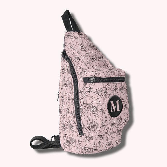 Blume und Gesichter Mit Monogramm rosa Crossbody Bag (Flowers and Faces Monogrammed Pink Sling Bag)