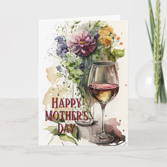 Blume und Glas Wein, perfekte Geschenke, Muttertag Karte (Vorderseite)