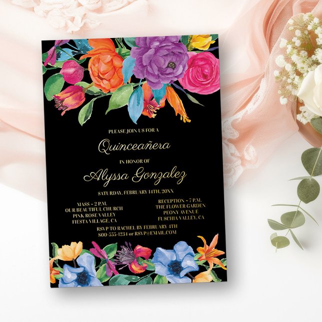 Blume und Gold der Blumenzwiebeln Folieneinladung (Gold Foil Mass and Quinceanera Invitation from my Fiesta Flowers Quinceanera Collection)