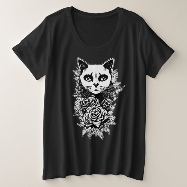Blume und Gothic Cat Große Größe T-Shirt (Design vorne)