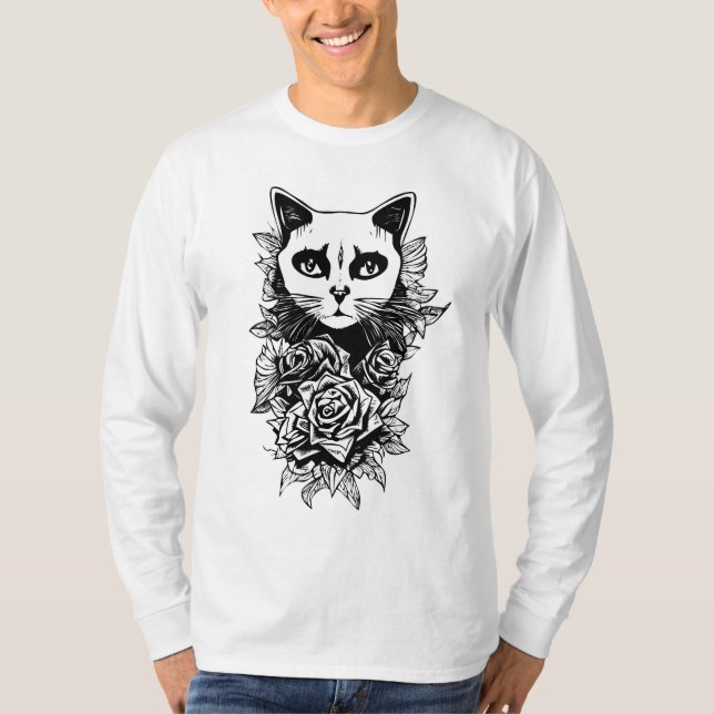 Blume und Gothic Cat T-Shirt (Vorderseite)
