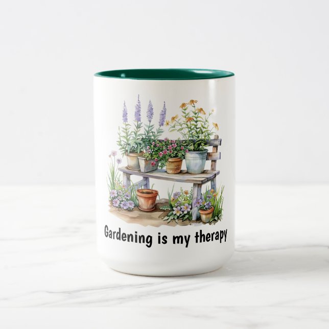 Blume und Holzbank Zweifarbige Tasse (Mittel)