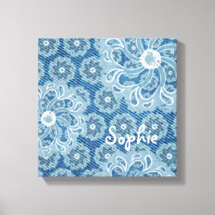 Blume und Jeans verblasster Aqua Quadrat Leinwand