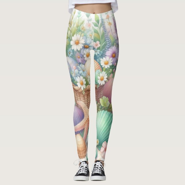 Blume und Meer und Muscheln am Strand Leggings (Vorderseite)