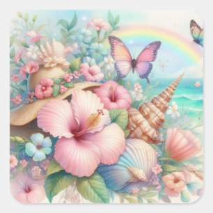Blume und Meer und Muscheln am Strand Quadratischer Aufkleber