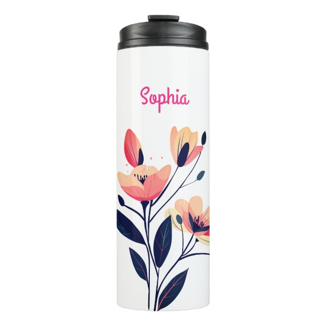 Blume und Name auf Weiß Thermosbecher (Vorderseite)