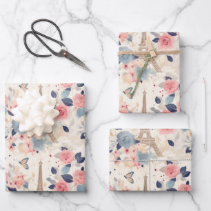 Blume und Pariser Reisemuster des Eiffelturms Geschenkpapier Set