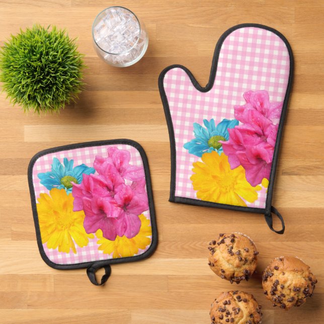 Blume und Pink Gingham Ofenhandschuh & Topflappen-Set (Oben Unten)