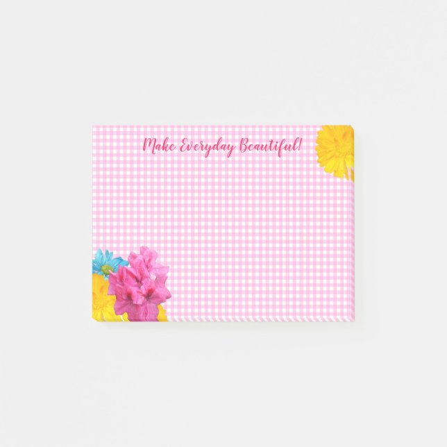 Blume und Pink Gingham Post-it Klebezettel (Vorderseite)