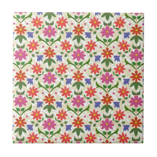 Blume und Polka Dots auf Ecru, Keramik Tile Fliese (Vorderseite)