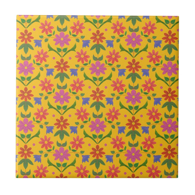 Blume und Polka Dots auf Gelb, Keramik Tile Fliese (Vorderseite)
