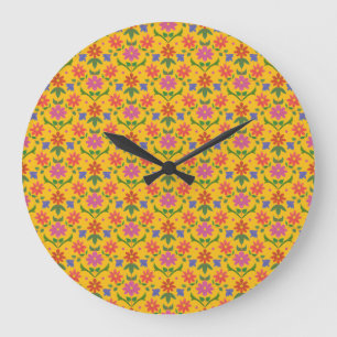 Blume und Polka-Punkte auf der gelben Rundwand-Uhr Große Wanduhr