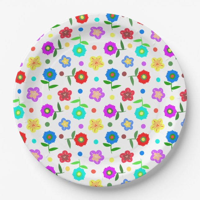 Blume und Polka-Punkte Pappteller (Vorderseite)