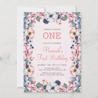 Blume und Rosa | Erste 1. Geburtstagsparty der Gir Einladung