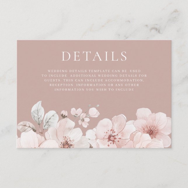 Blume und Rosa Hochzeitsdetails Begleitkarte (Vorderseite)