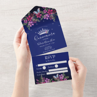 Blume und Schmetterling Quinceanera Blue All In One Einladung
