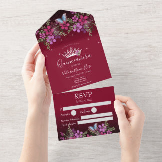 Blume und Schmetterling Quinceanera Burgund All In One Einladung