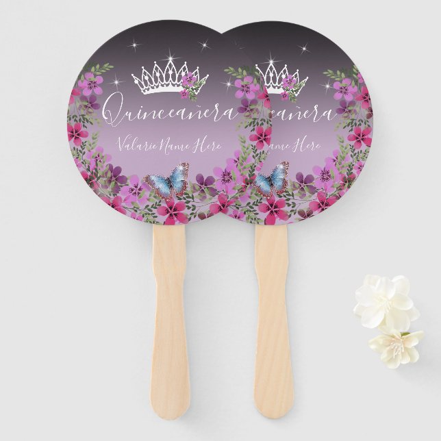 Blume und Schmetterling Quinceanera Lila Hand Fan Fächer (Vorne und Hinten)