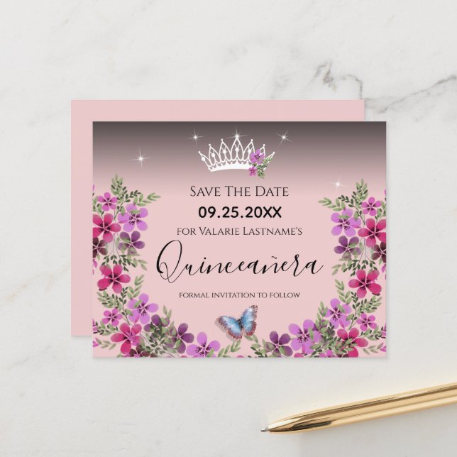 Blume und Schmetterling Quinceanera Save the Date (Vorderseite/Rückseite Beispiel)
