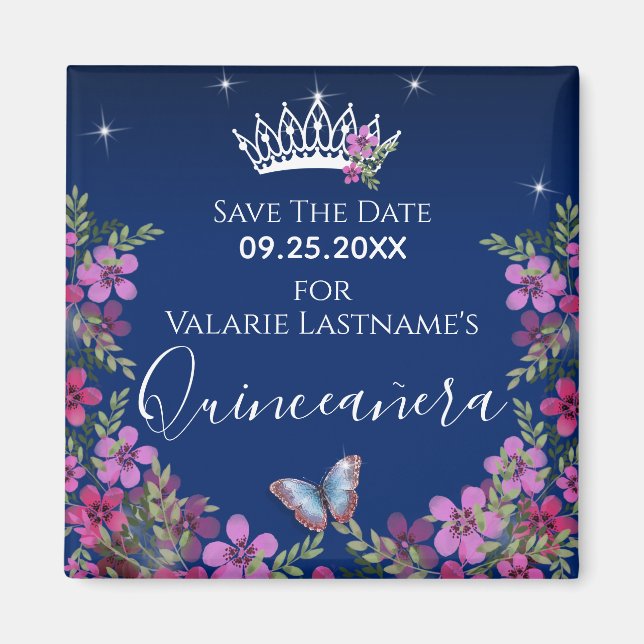 Blume und Schmetterling Quinceanera Save the Date Magnet (Vorne)