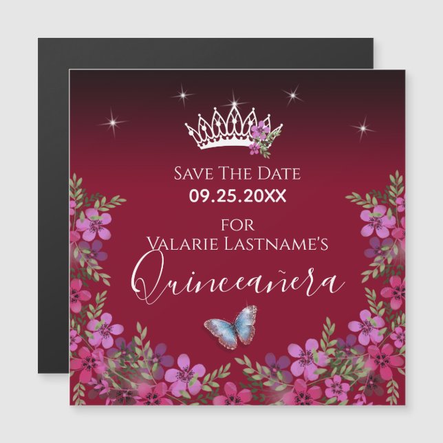 Blume und Schmetterling Quinceanera Save the Date Magnetkarte (Vorne/Hinten)