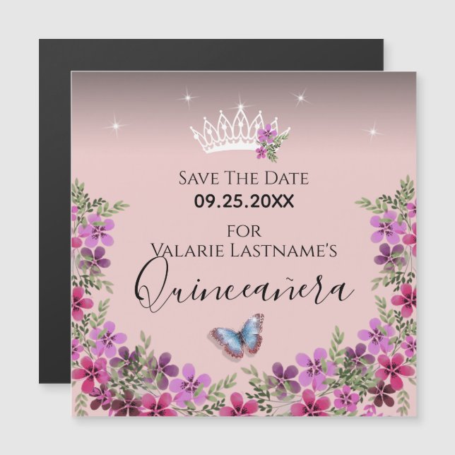 Blume und Schmetterling Quinceanera Save the Date Magnetkarte (Vorne/Hinten)