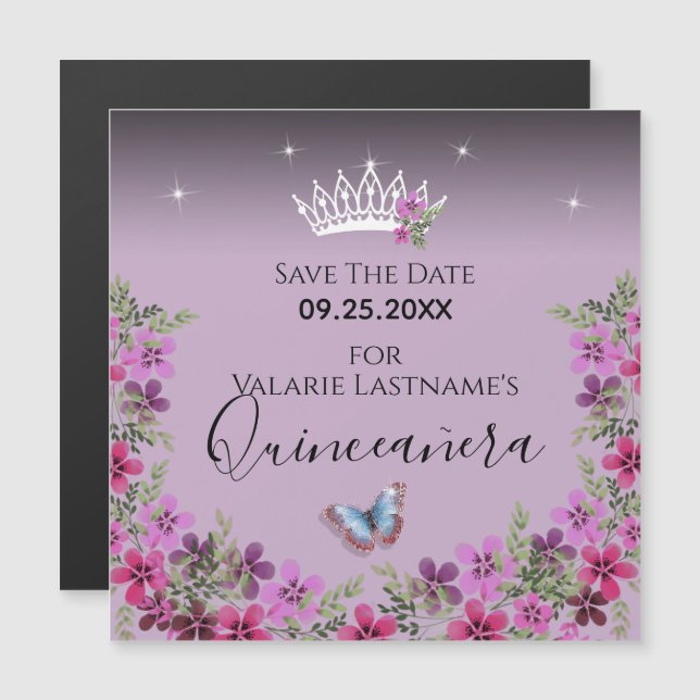 Blume und Schmetterling Quinceanera Save the Date Magnetkarte (Vorne/Hinten)