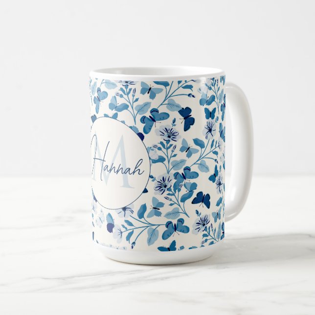 Blume und Schmetterlinge aus Blaucreme Kaffeetasse (VorderseiteRechts)