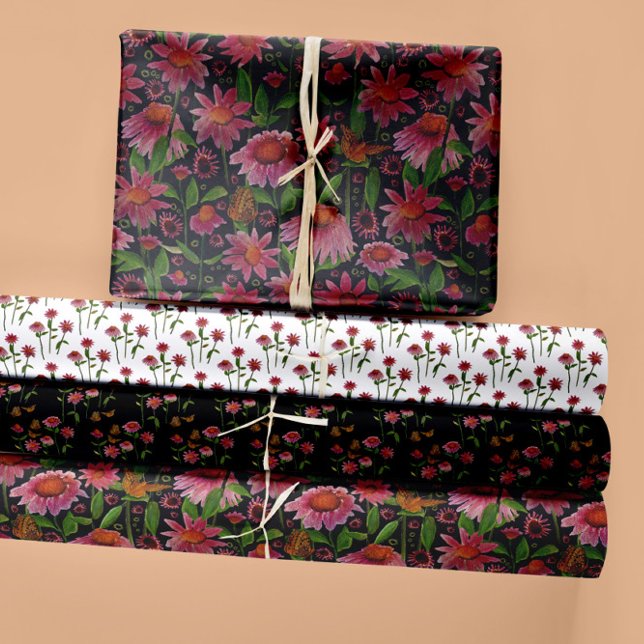 Blume und Schmetterlinge aus Blumenkone Geschenkpapier Set (Elegant Wildflowers Pink Orange Butterflies Wrapping Paper Sheets from Studio Posies. )