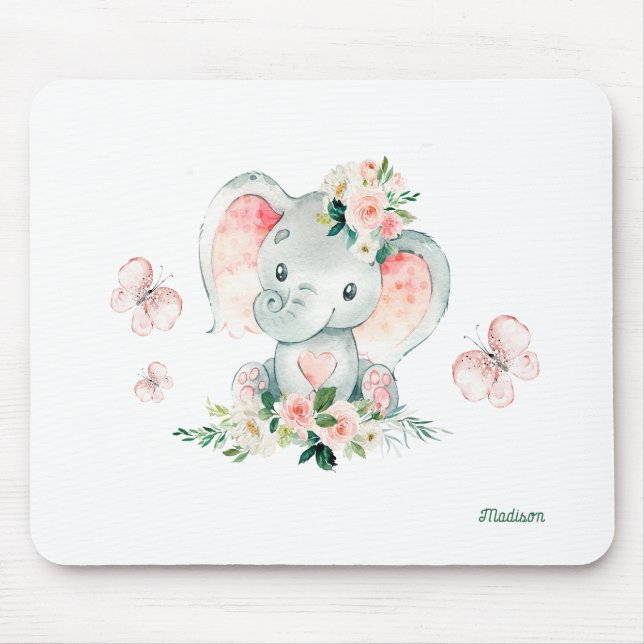 Blume und Schmetterlinge für niedliche Elefanten Mousepad (Vorne)
