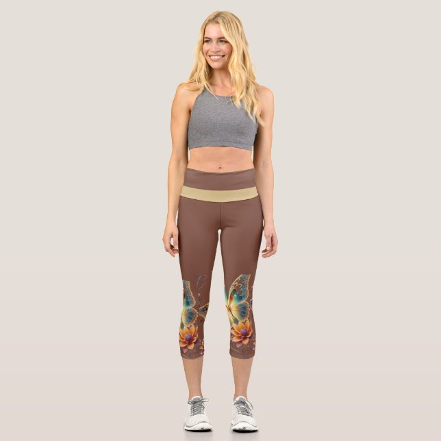 Blume und Schmetterlinge Hochgebranntes Riff Capri Leggings (Vorderseite)