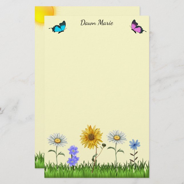 Blume und Schmetterlinge Personalisiert 5,5" x 8,5 Briefpapier (Vorne/Hinten)