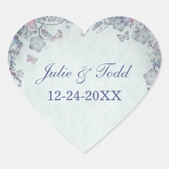 Blume und Schmetterlingshochzeit retten das Datum Herz-Aufkleber (Vorderseite)