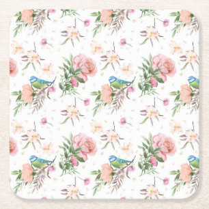 Blume und Song Bird aus handgezogenen Pastellfarbe Rechteckiger Pappuntersetzer