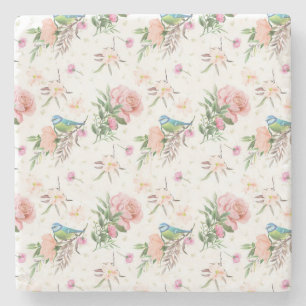 Blume und Song Bird aus handgezogenen Pastellfarbe Steinuntersetzer