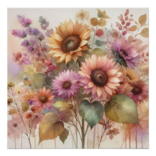 Blume und Sonnenblumen, Aquarellpasten Poster